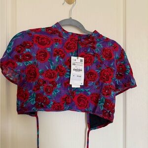 Zara Red Floral Cropped Top on Purple